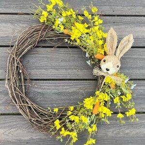 Spring Bunny Rafta Easter Wreath with Yellow Flowers with Carrots Home Decor